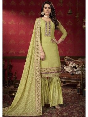 Green Georgette Gharara Suit With Thread Embroidery