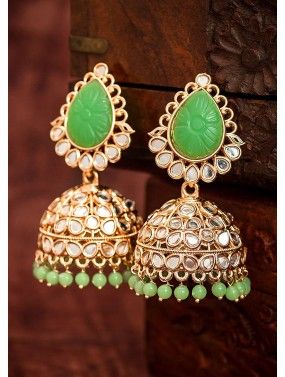 Green Readymade Kundan Jhumka Earrings