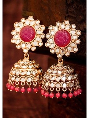 Magenta Jhumka Earrings With Dropping Beads