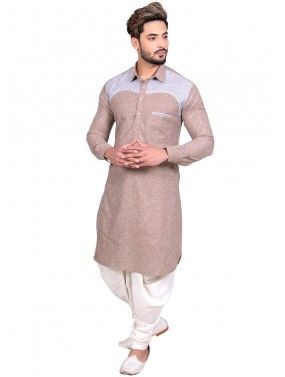 Beige Cotton Readymade Pathani Suit