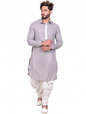 Grey Readymade Cotton Pathani Suit