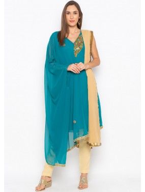 Readymade Turquoise Embroidered Asymmetric Pant Suit