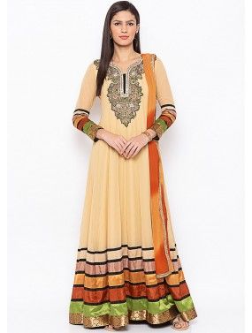 Readymade Beige Embroidered Anarkali Suit
