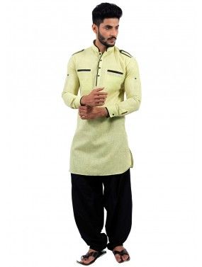 Readymade Light Yellow Cotton Pathani Suit