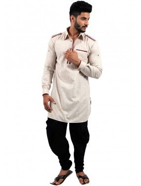 Beige Cotton Readymade Pathani Suit For Men