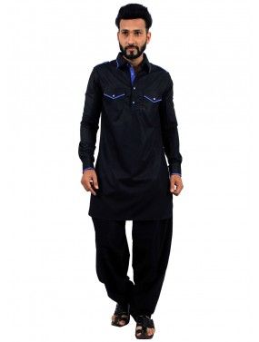 Readymade Black Cotton Pathani Suit