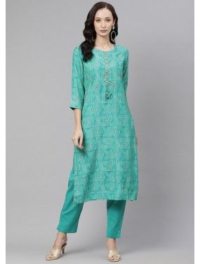 Turquoise Readymade Printed Kameez Pant Set