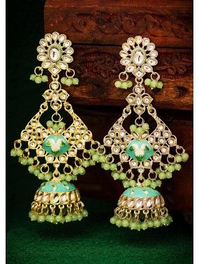 Green Kundan Studded Jhumka Earrings
