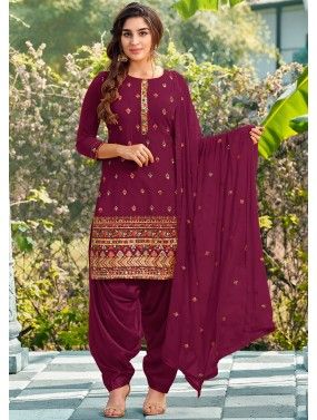 Magenta Patiala Suit With Thread Embroidery