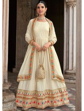 Off White Embroidered Anarkali Suit In Georgette