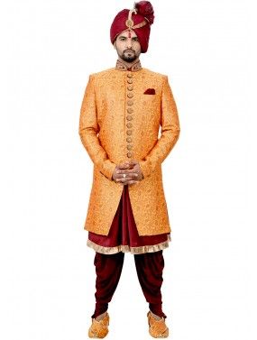 Orange Maroon Woven Groom Indo Western Sherwani Dhoti Set