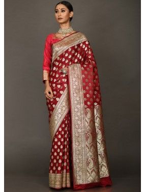 Maroon Traditional Bridal Saree With Blouse