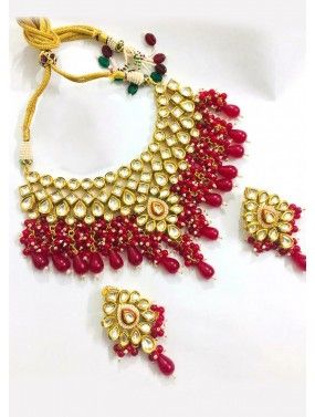 Magenta Kundan Studded Necklace And Earrings Set