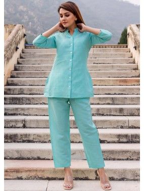 Readymade Turquoise Gota Patti Embellished Kurta Pant Set Latest 214TB04