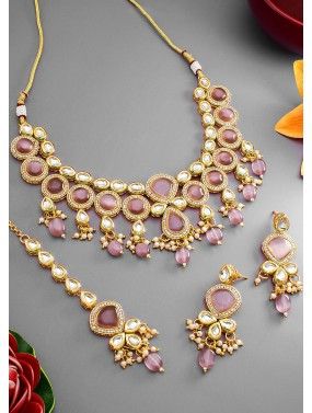 Purple Kundan Studded Necklace With Earrings