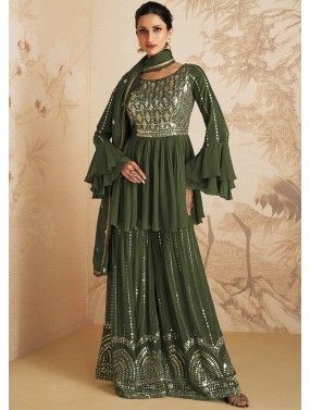 Green Peplum Style Gharara Suit In Thread Embroidery