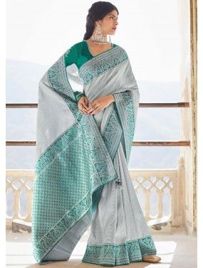 Silver Art Silk Saree With Embroidered Blouse