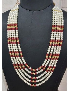 Red & White Bead Studded Kantha Mala