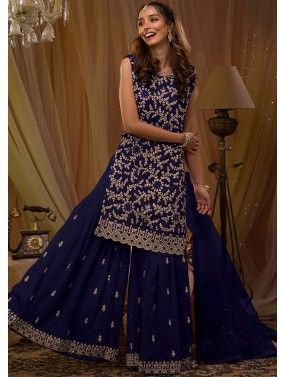 Blue Embroidered Gahrara Suit In Georgette