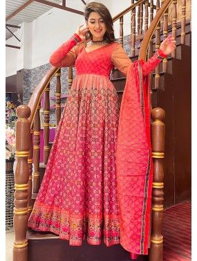 Multicolor Printed Anarkali Suit With Net Dupatta
