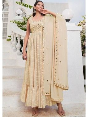 Readymade Beige Embroidered Tiered Anarkali Suit