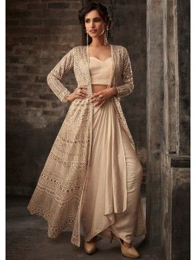 Cream Embroidered Dhoti Style Salwar Kameez With Jacket