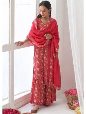 Readymade Red Digital Floral Print Gharara Suit