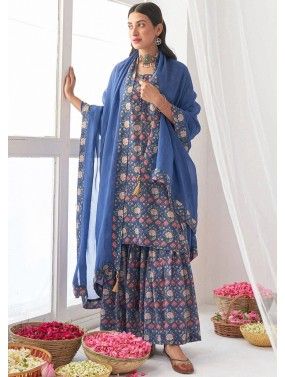 Blue Readymade Digital Floral Print Gharara Suit