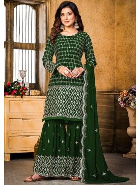 Green Embroidered Gharara Suit In Georgette