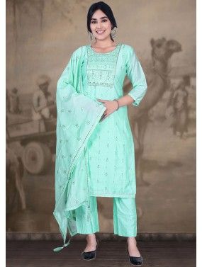 Turquoise Sequins Embroidered Readymade Pant Suit