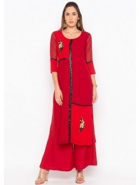 Red Sequins Embroidered Readymade Kurta Set