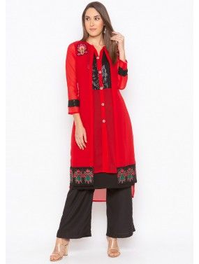 Readymade Red Embroidered Kurta Set In Georgette