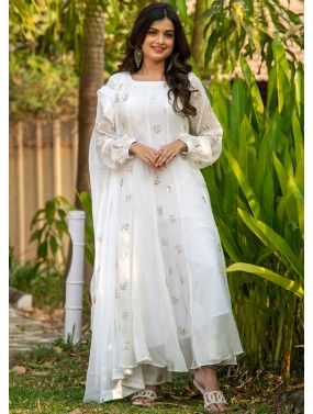 Readymade White Embroidered Anarkali Style Suit