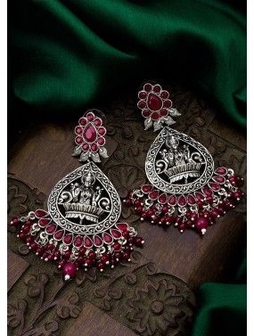 Magenta Traditional Stone Studded Oxidised Earrings