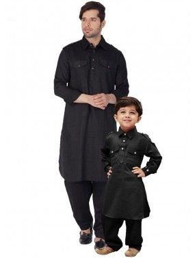 Father & Son Readymade Black Cotton Pathani Suit