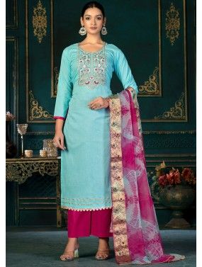 Cotton Palazzo Suit in Turquoise with Digital print UK - PZU2955