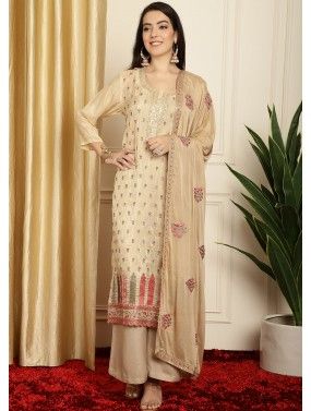 Beige Dori Embroidered Pant Suit In Silk