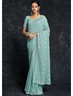 Blue Woven Wedding Saree With Embroidered Blouse