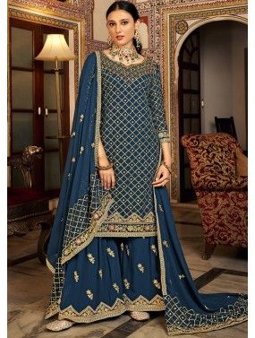 Teal Blue Chiffon Gharara Suit In Sequins Work