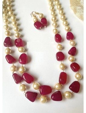 Maroon Pearls & Stones Layered Necklace Set