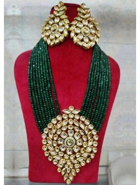 Green Kundan Studded Multichain Necklace Set 