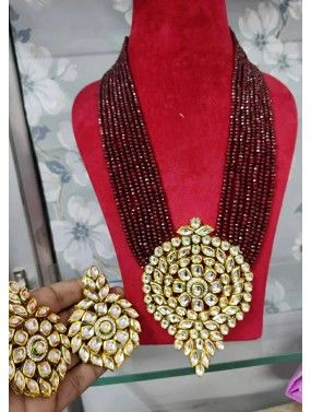 Maroon Kundan Studded Multichain Necklace Set