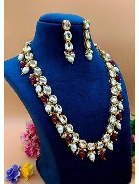 Maroon Pearls & Kundan Studded Necklace Set