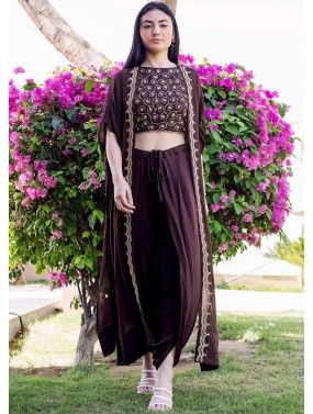Brown Readymade Jacket Style Top With Dhoti Set
