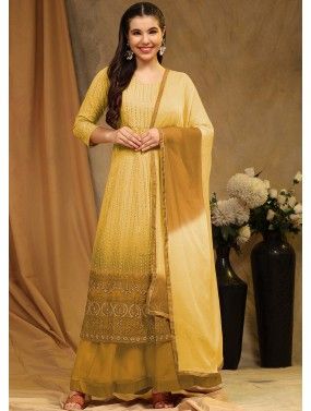Yellow Thread Embroidered Georgette Front Slit Gharara Suit