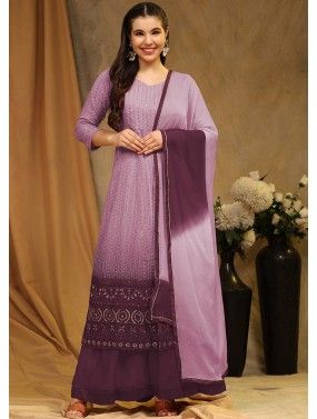 Purple Thread Embroidered Front Slit Gharara Suit In Georgette