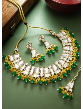 Yellow & Green Kundan Studded Necklace Set
