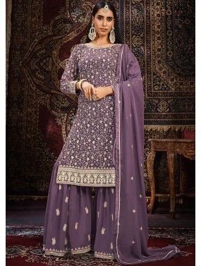 Purple Embroidered Gharara Suit Set 
