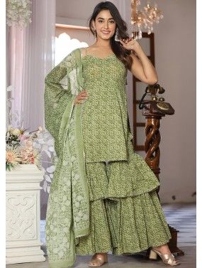 Readymade Green Printed Gharara Suit Set