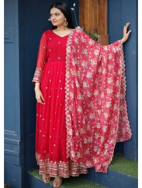 Red Embroidered Georgette Readymade Anarkali Suit
